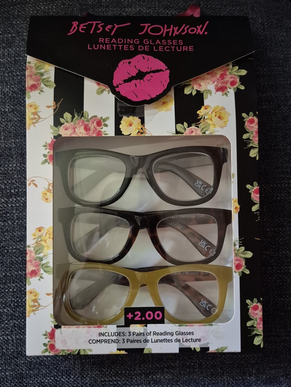 Betsey Johnson Reading Glasses 3-Pack in Black, Brown, and Gold Frames